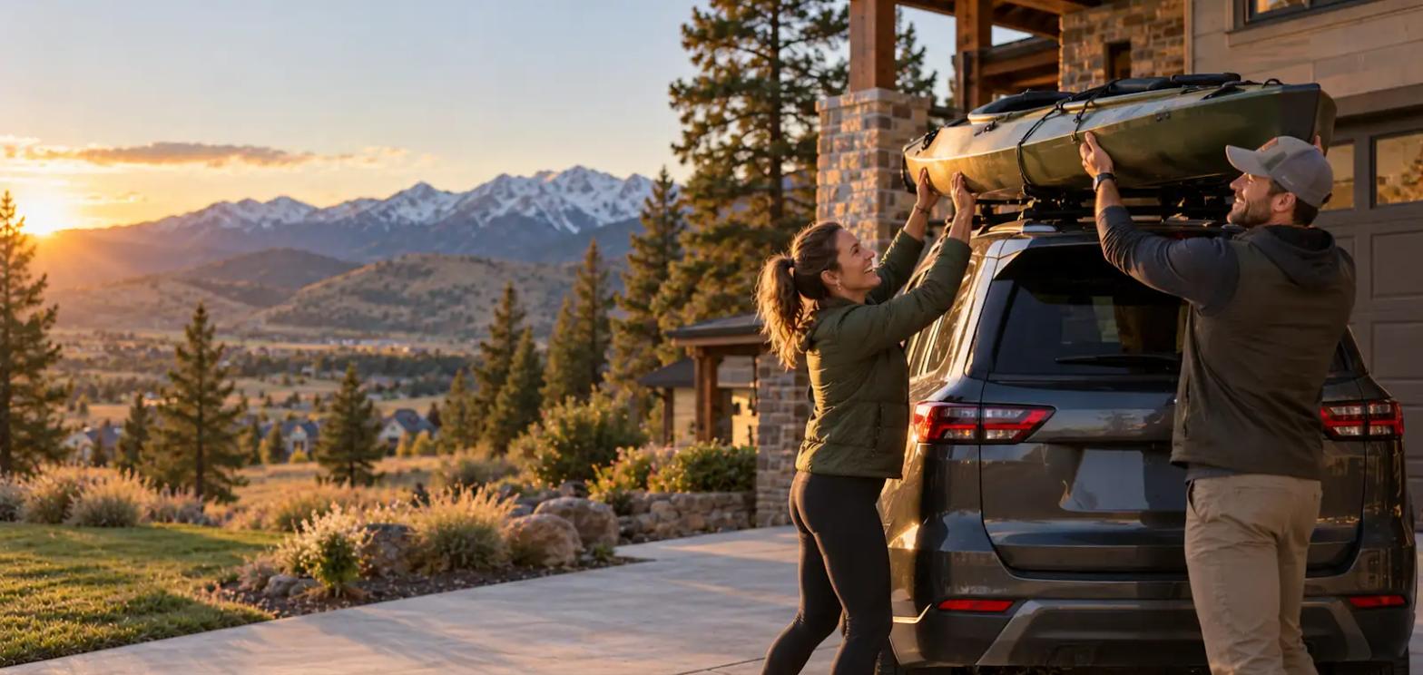 A couple loading a kayak onto their car outside their home, with mountains in the distance