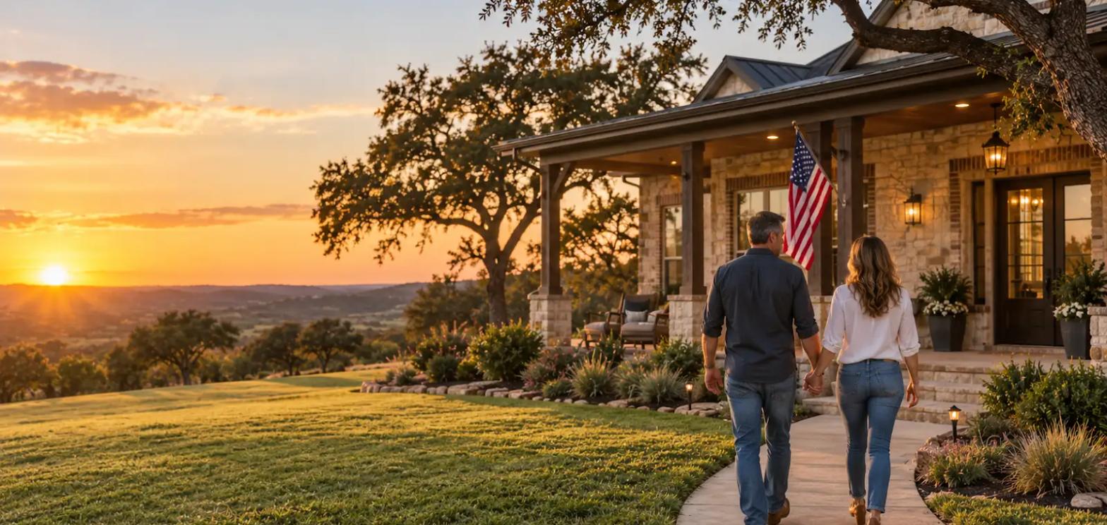 A couple walking hand in hand toward their home at sunset, with an American flag on the porch