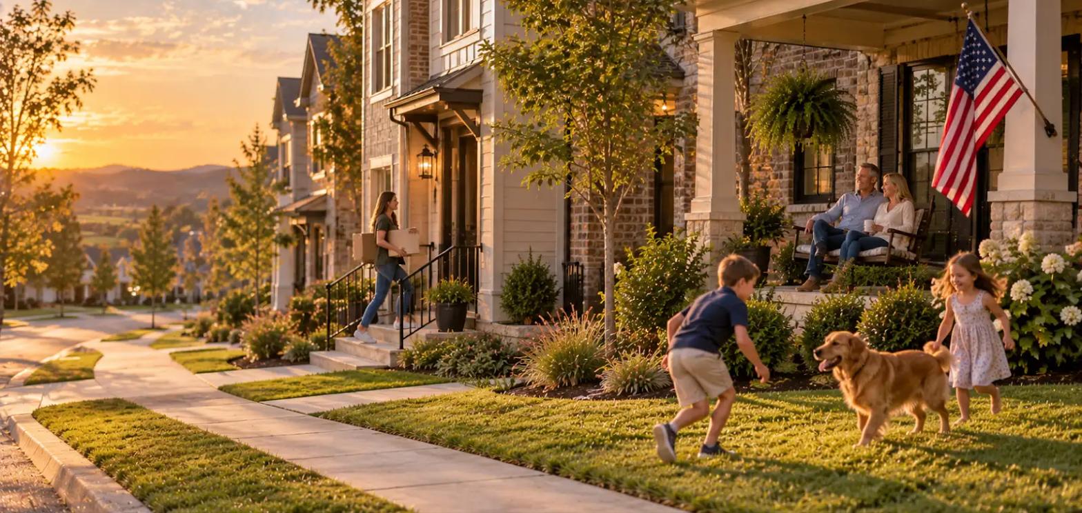 A couple on their front porch watching their children play in the yard, with an American flag flying