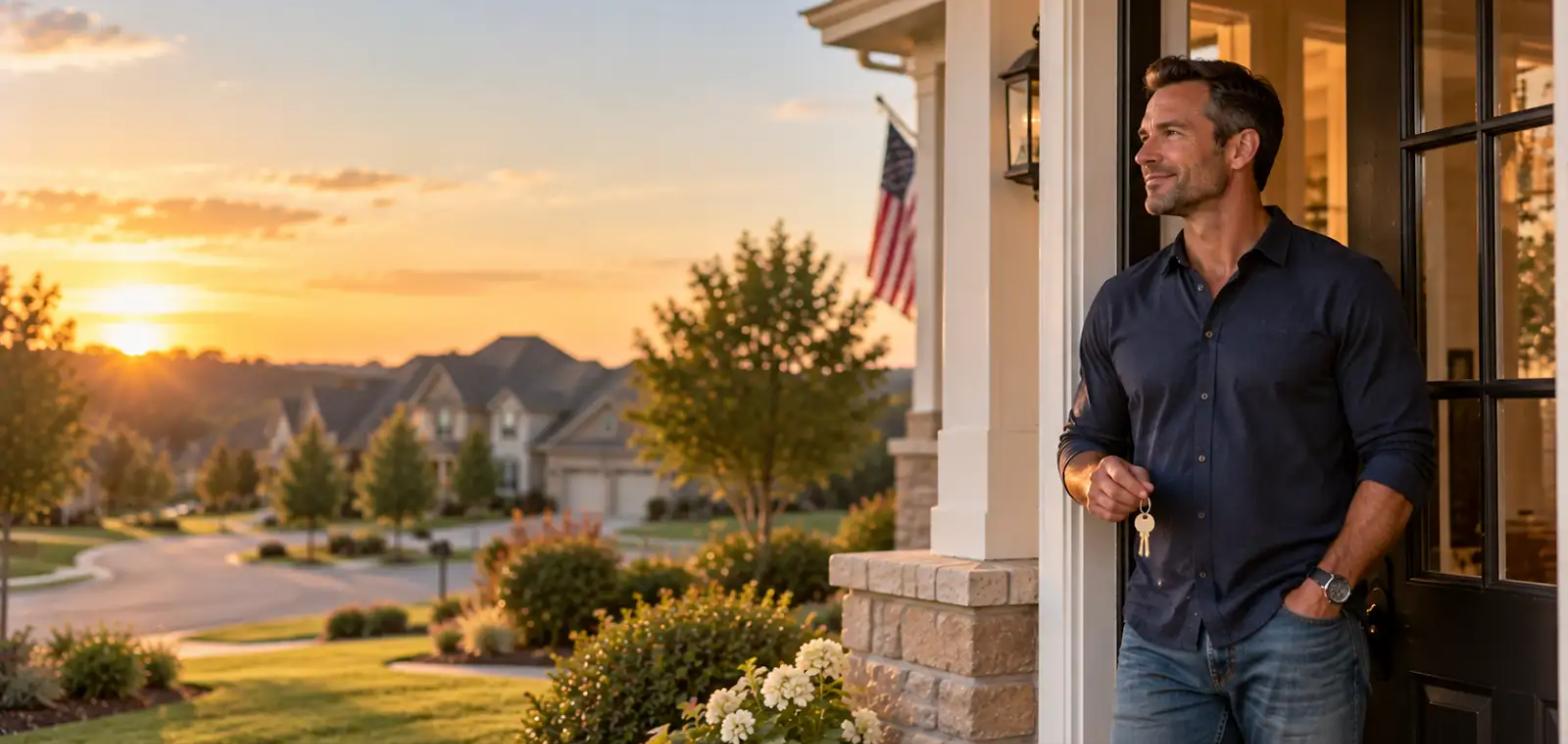 A homeowner at his front door looking out over a quiet neighborhood at sunset