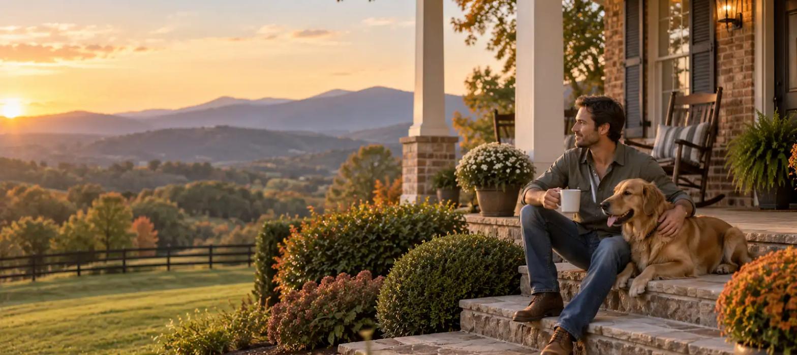 A homeowner and his dog on the front porch steps, looking out over rolling hills at sunset